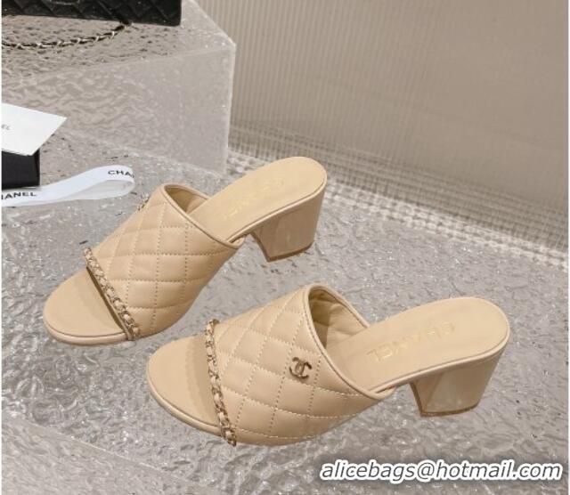 Best Grade Chanel Quilted Lambskin Heel Slide Sandals 7cm Beige 527030