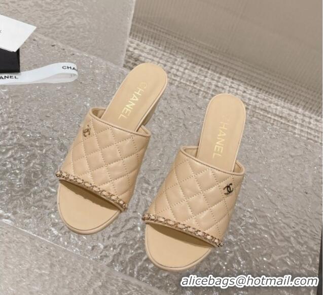 Best Grade Chanel Quilted Lambskin Heel Slide Sandals 7cm Beige 527030