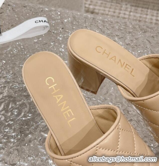 Best Grade Chanel Quilted Lambskin Heel Slide Sandals 7cm Beige 527030