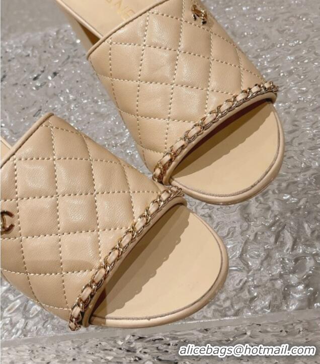 Best Grade Chanel Quilted Lambskin Heel Slide Sandals 7cm Beige 527030