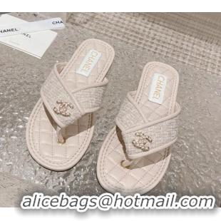 Pretty Style Chanel Tweed Flat Thong Slide Sandals Nude 527031