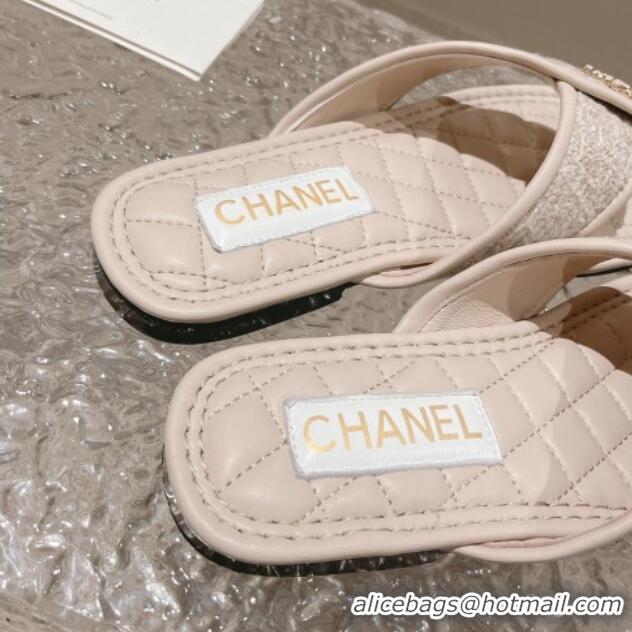 Pretty Style Chanel Tweed Flat Thong Slide Sandals Nude 527031