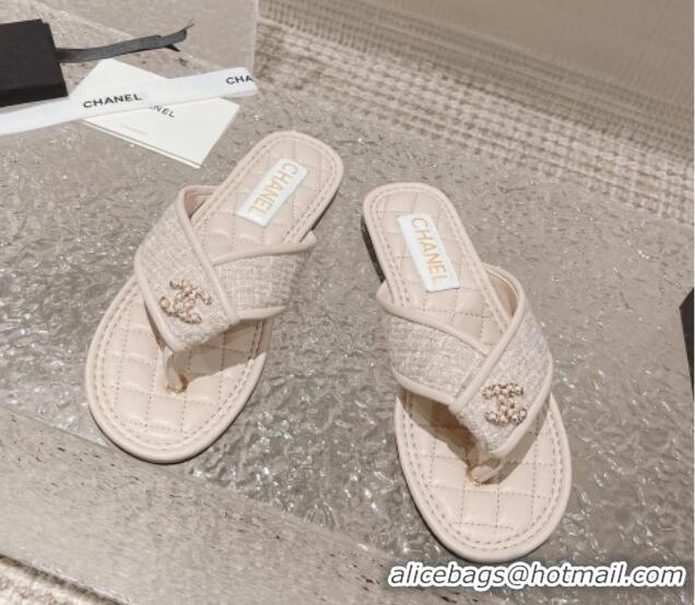 Pretty Style Chanel Tweed Flat Thong Slide Sandals Nude 527031