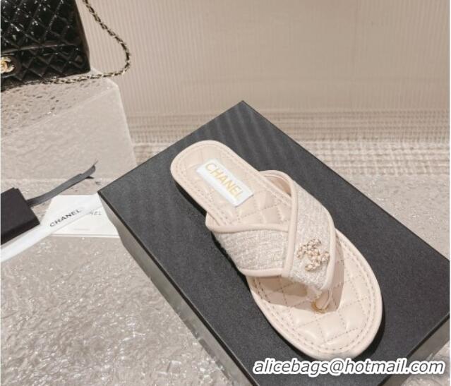 Pretty Style Chanel Tweed Flat Thong Slide Sandals Nude 527031