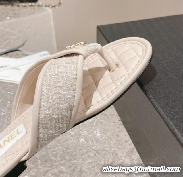 Pretty Style Chanel Tweed Flat Thong Slide Sandals Nude 527031