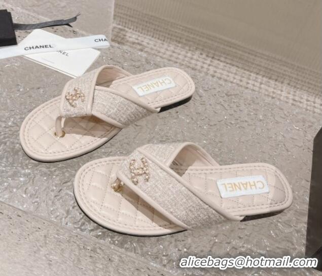 Pretty Style Chanel Tweed Flat Thong Slide Sandals Nude 527031