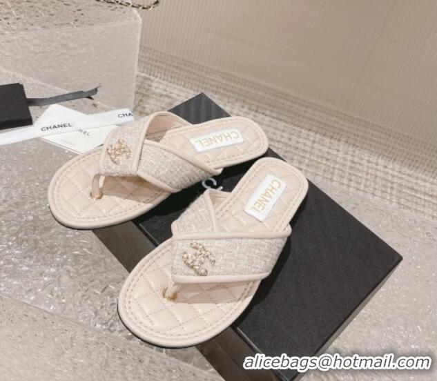 Pretty Style Chanel Tweed Flat Thong Slide Sandals Nude 527031