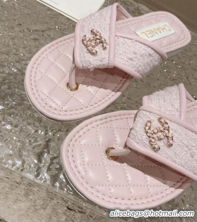 Shop Duplicate Chanel Tweed Flat Thong Slide Sandals Light Pink 527032