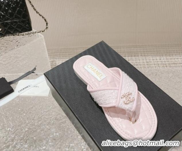 Shop Duplicate Chanel Tweed Flat Thong Slide Sandals Light Pink 527032