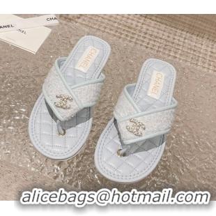 Classic Hot Chanel Tweed Flat Thong Slide Sandals Light Blue 527033