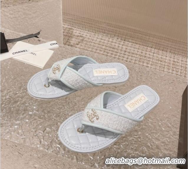 Classic Hot Chanel Tweed Flat Thong Slide Sandals Light Blue 527033