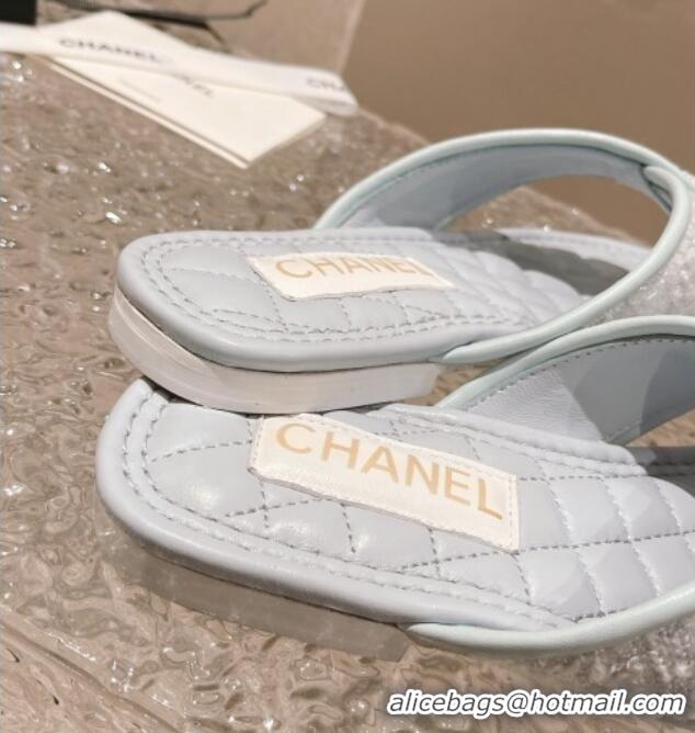 Classic Hot Chanel Tweed Flat Thong Slide Sandals Light Blue 527033