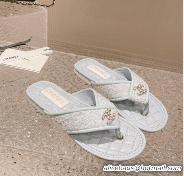 Classic Hot Chanel Tweed Flat Thong Slide Sandals Light Blue 527033