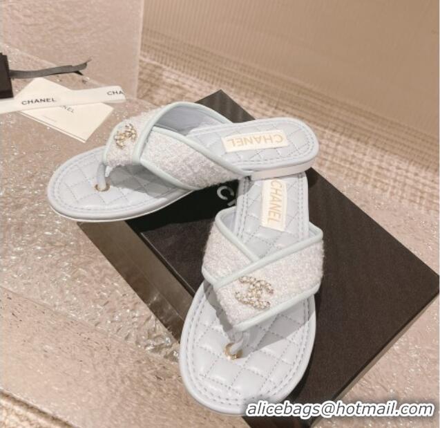 Classic Hot Chanel Tweed Flat Thong Slide Sandals Light Blue 527033