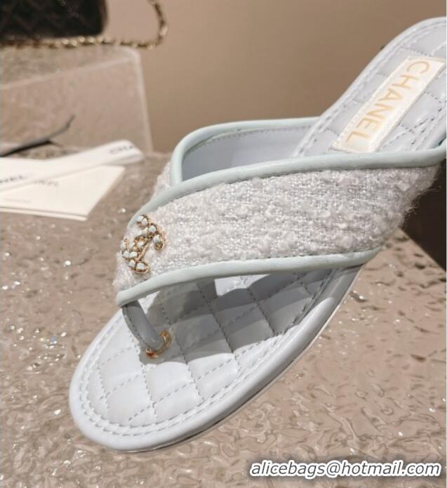 Classic Hot Chanel Tweed Flat Thong Slide Sandals Light Blue 527033