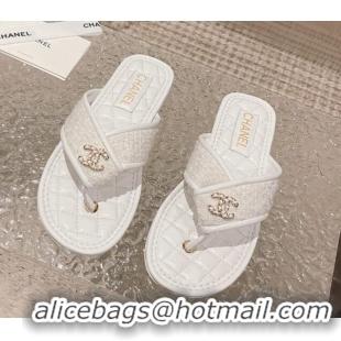 Grade Quality Chanel Tweed Flat Thong Slide Sandals White 527034