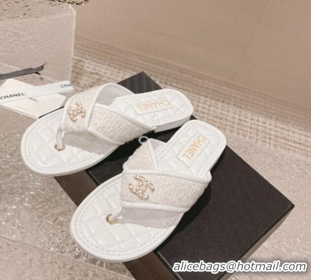 Grade Quality Chanel Tweed Flat Thong Slide Sandals White 527034