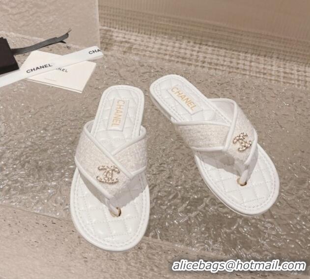 Grade Quality Chanel Tweed Flat Thong Slide Sandals White 527034