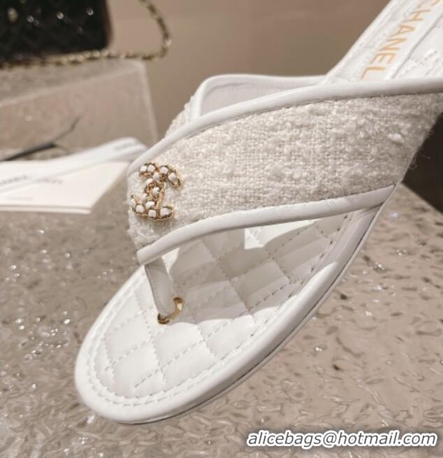 Grade Quality Chanel Tweed Flat Thong Slide Sandals White 527034