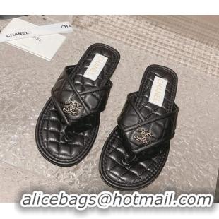 Popular Style Chanel Calfskin Flat Thong Slide Sandals Black 527036