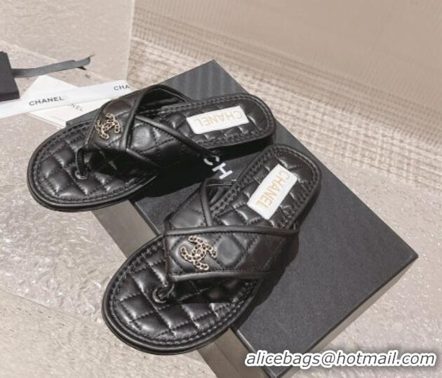 Popular Style Chanel Calfskin Flat Thong Slide Sandals Black 527036