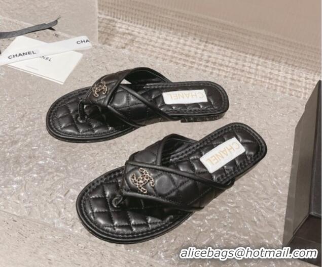 Popular Style Chanel Calfskin Flat Thong Slide Sandals Black 527036