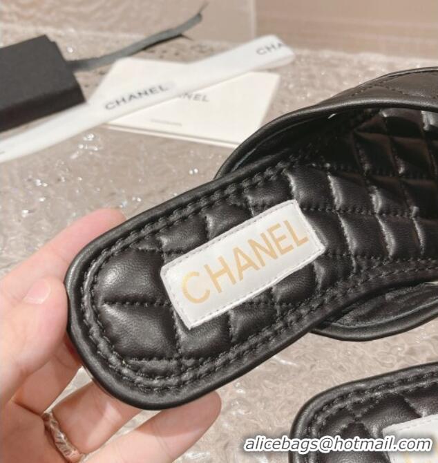 Popular Style Chanel Calfskin Flat Thong Slide Sandals Black 527036