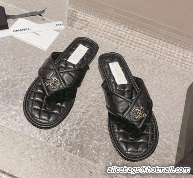 Popular Style Chanel Calfskin Flat Thong Slide Sandals Black 527036