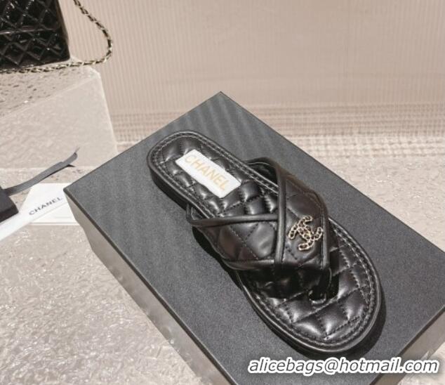 Popular Style Chanel Calfskin Flat Thong Slide Sandals Black 527036