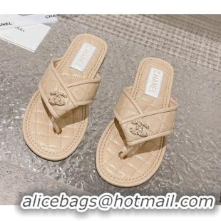 Low Price Chanel Calfskin Flat Thong Slide Sandals Beige 527037