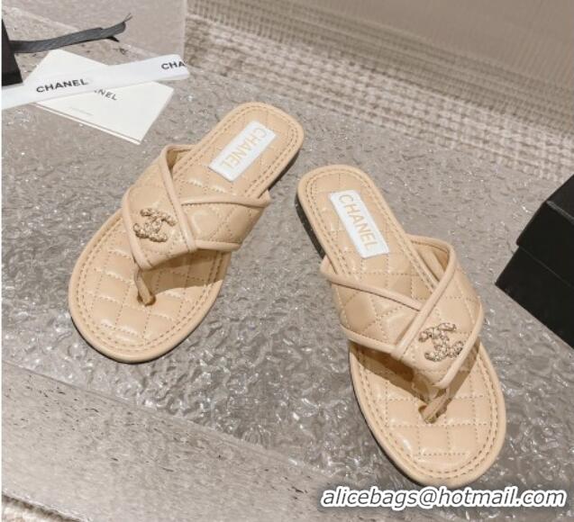 Low Price Chanel Calfskin Flat Thong Slide Sandals Beige 527037