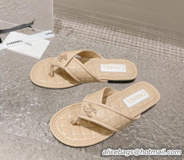 Low Price Chanel Calfskin Flat Thong Slide Sandals Beige 527037