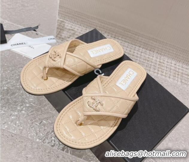 Low Price Chanel Calfskin Flat Thong Slide Sandals Beige 527037