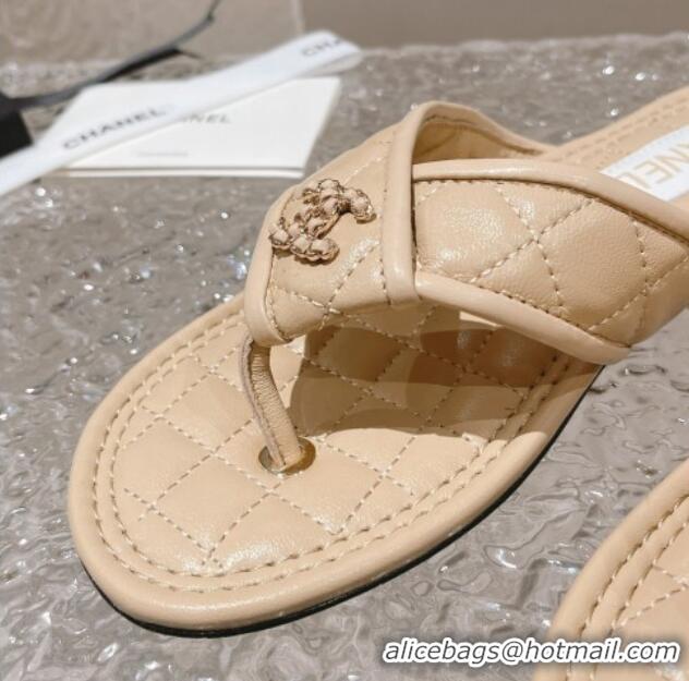 Low Price Chanel Calfskin Flat Thong Slide Sandals Beige 527037