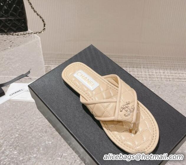 Low Price Chanel Calfskin Flat Thong Slide Sandals Beige 527037