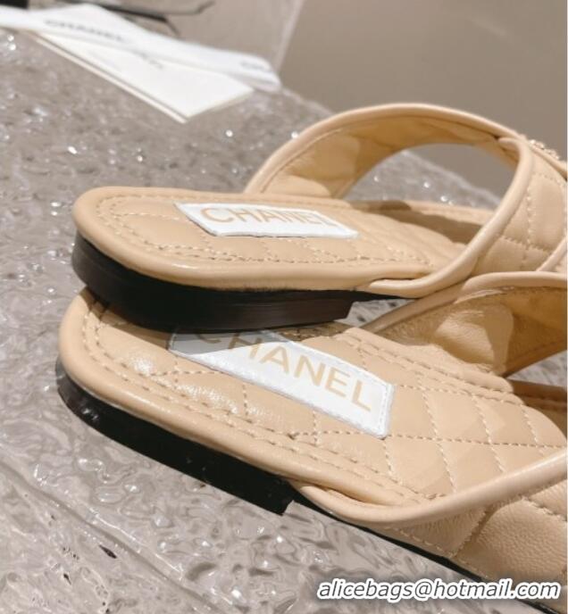 Low Price Chanel Calfskin Flat Thong Slide Sandals Beige 527037