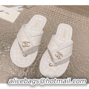 Luxury Chanel Calfskin Flat Thong Slide Sandals White 527038