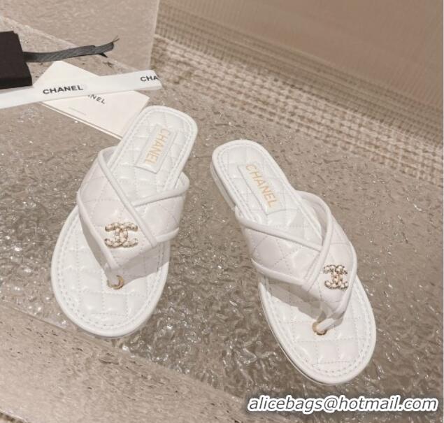 Luxury Chanel Calfskin Flat Thong Slide Sandals White 527038