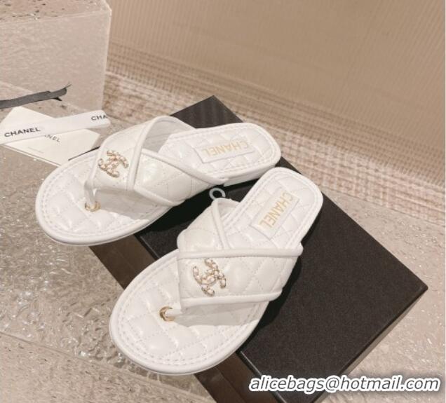 Luxury Chanel Calfskin Flat Thong Slide Sandals White 527038