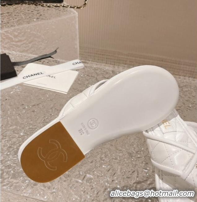 Luxury Chanel Calfskin Flat Thong Slide Sandals White 527038