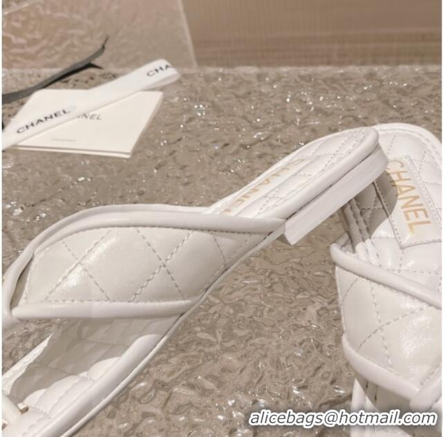 Luxury Chanel Calfskin Flat Thong Slide Sandals White 527038