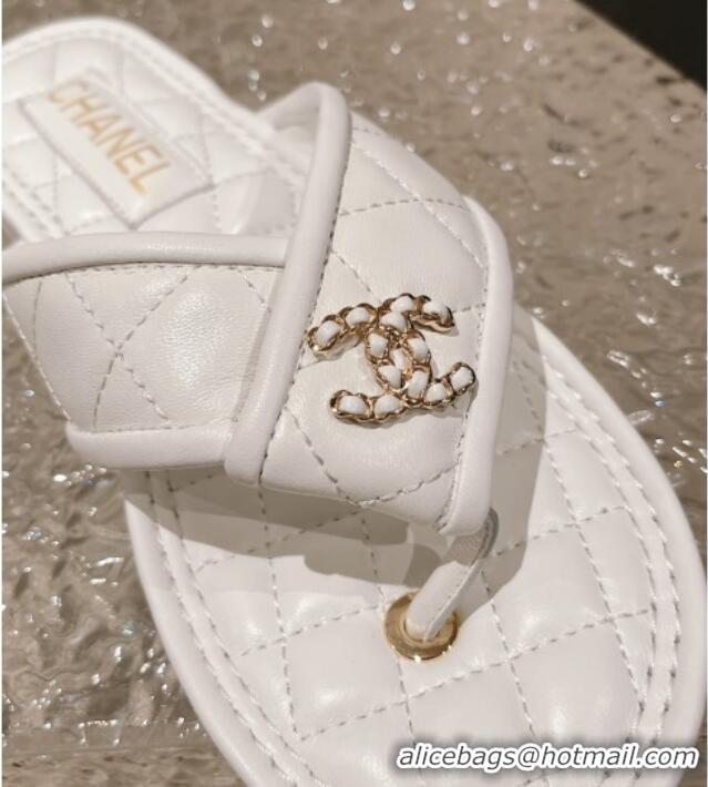 Luxury Chanel Calfskin Flat Thong Slide Sandals White 527038