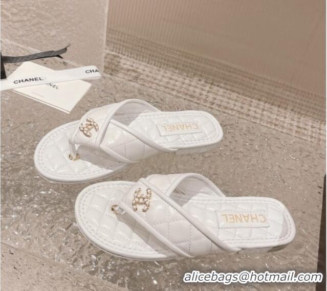 Luxury Chanel Calfskin Flat Thong Slide Sandals White 527038