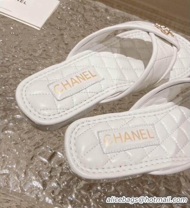 Luxury Chanel Calfskin Flat Thong Slide Sandals White 527038