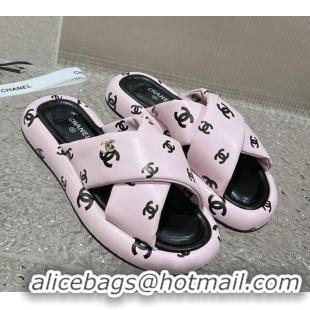 Charming Chanel CC Printed Calfskin Slide Sandals with Cross Strap Pink 527039