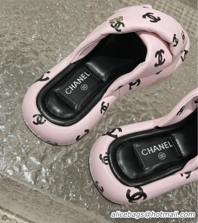 Charming Chanel CC Printed Calfskin Slide Sandals with Cross Strap Pink 527039