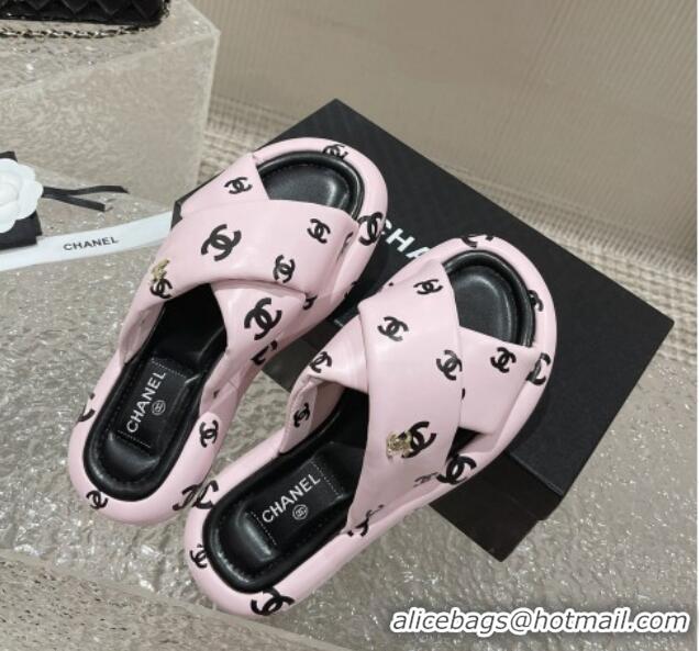 Charming Chanel CC Printed Calfskin Slide Sandals with Cross Strap Pink 527039