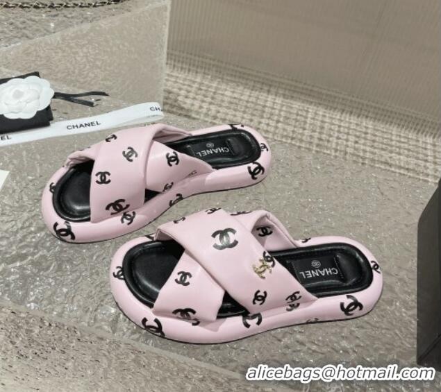 Charming Chanel CC Printed Calfskin Slide Sandals with Cross Strap Pink 527039