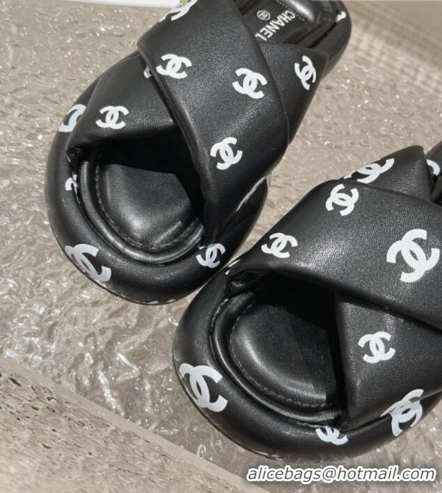 Good Product Chanel CC Printed Calfskin Slide Sandals with Cross Strap Black 527040