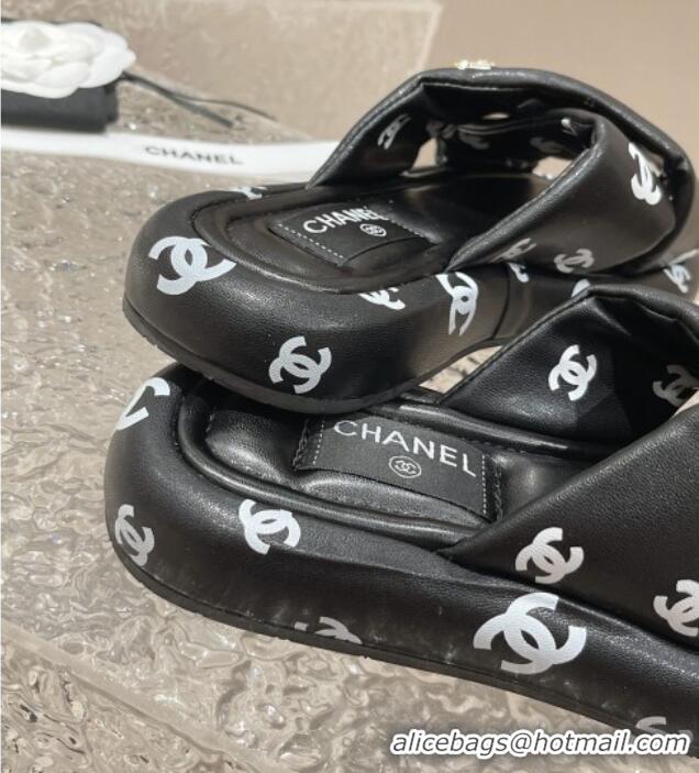 Good Product Chanel CC Printed Calfskin Slide Sandals with Cross Strap Black 527040